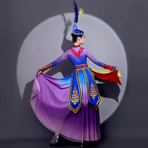 Women Girls Chinese folk Mongolian dance costume Blue Purple Gradient Ethnic minority Mongolian dance long big swing skirt art test long skirt suit
